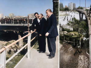 Porcioles inaugurando u puente de paso sobre la Meridiana.